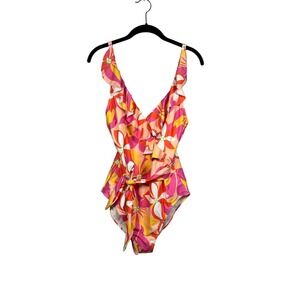 NWOT Pink Lily Retro One Piece Bathing Suit & Gauzy Overall Cover-Up, Size Large